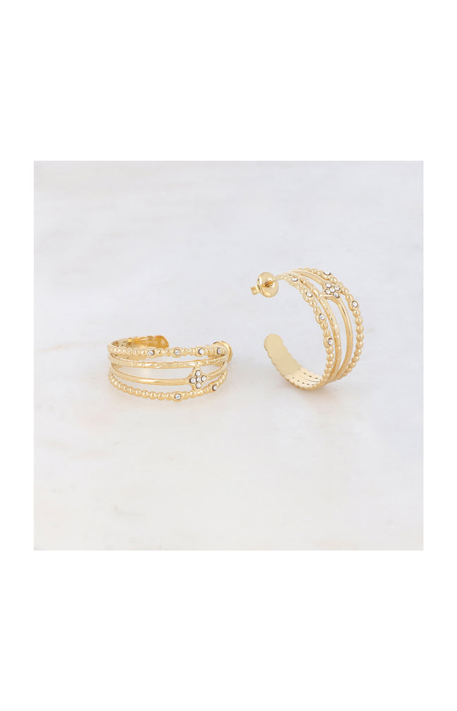 Créoles à puce 4 rangs - Acier inoxydable & strass - Doré & blanc
