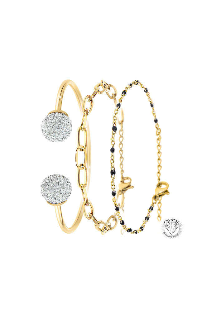 Lot de 3 bracelets - Acier inoxydable, cristaux & perles en résine - Doré