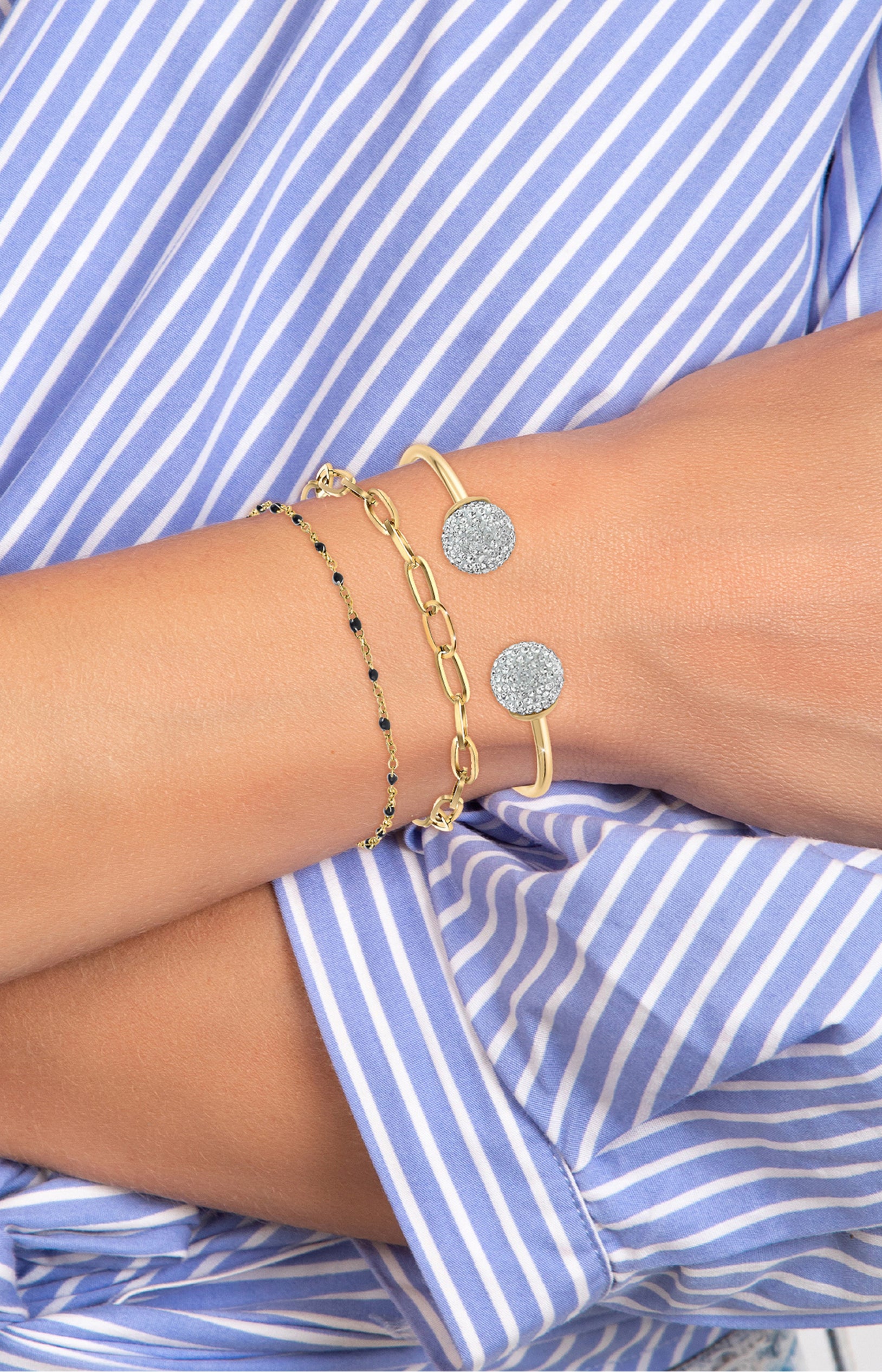 Lot de 3 bracelets - Acier inoxydable, cristaux & perles en résine - Doré