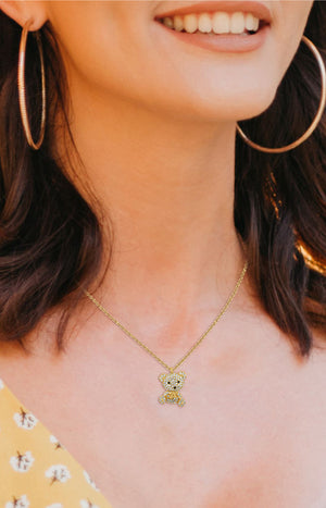 Collier pendentif ourson - Alliage & zirconium - Doré