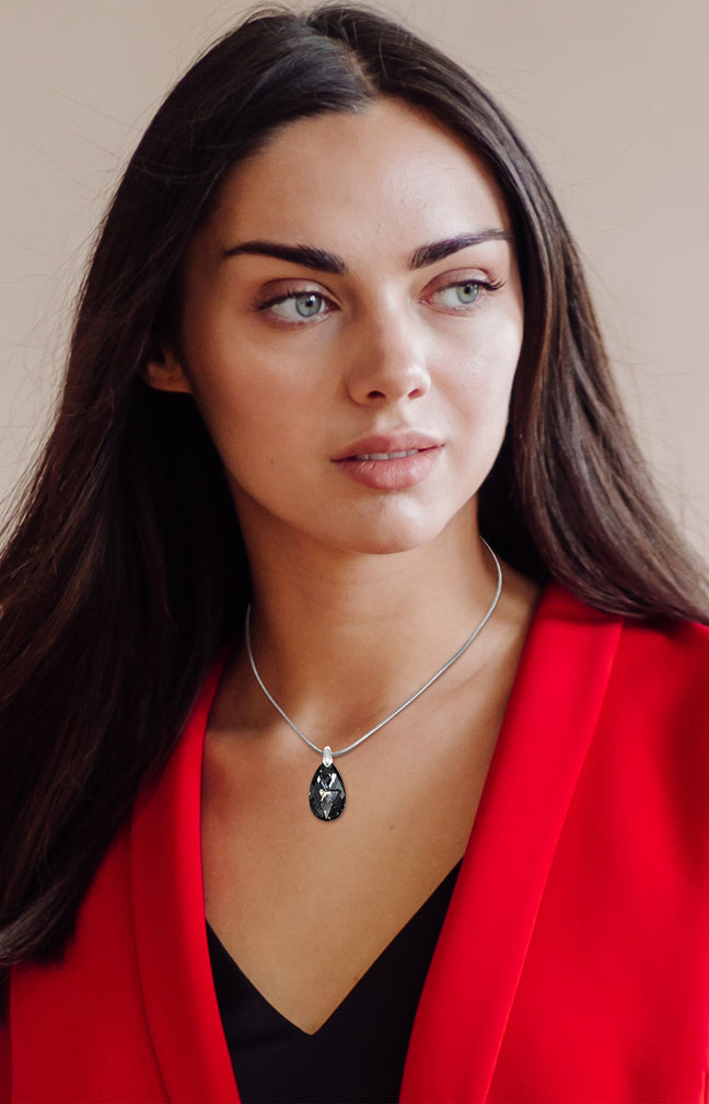 Collier pendentif - Acier inoxydable & cristal - Argenté & noir
