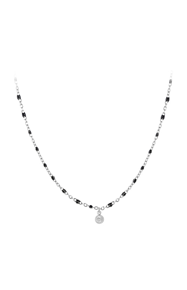 Collier - Diamant blanc & perles en résine noires - 58 facettes 0,01 carats