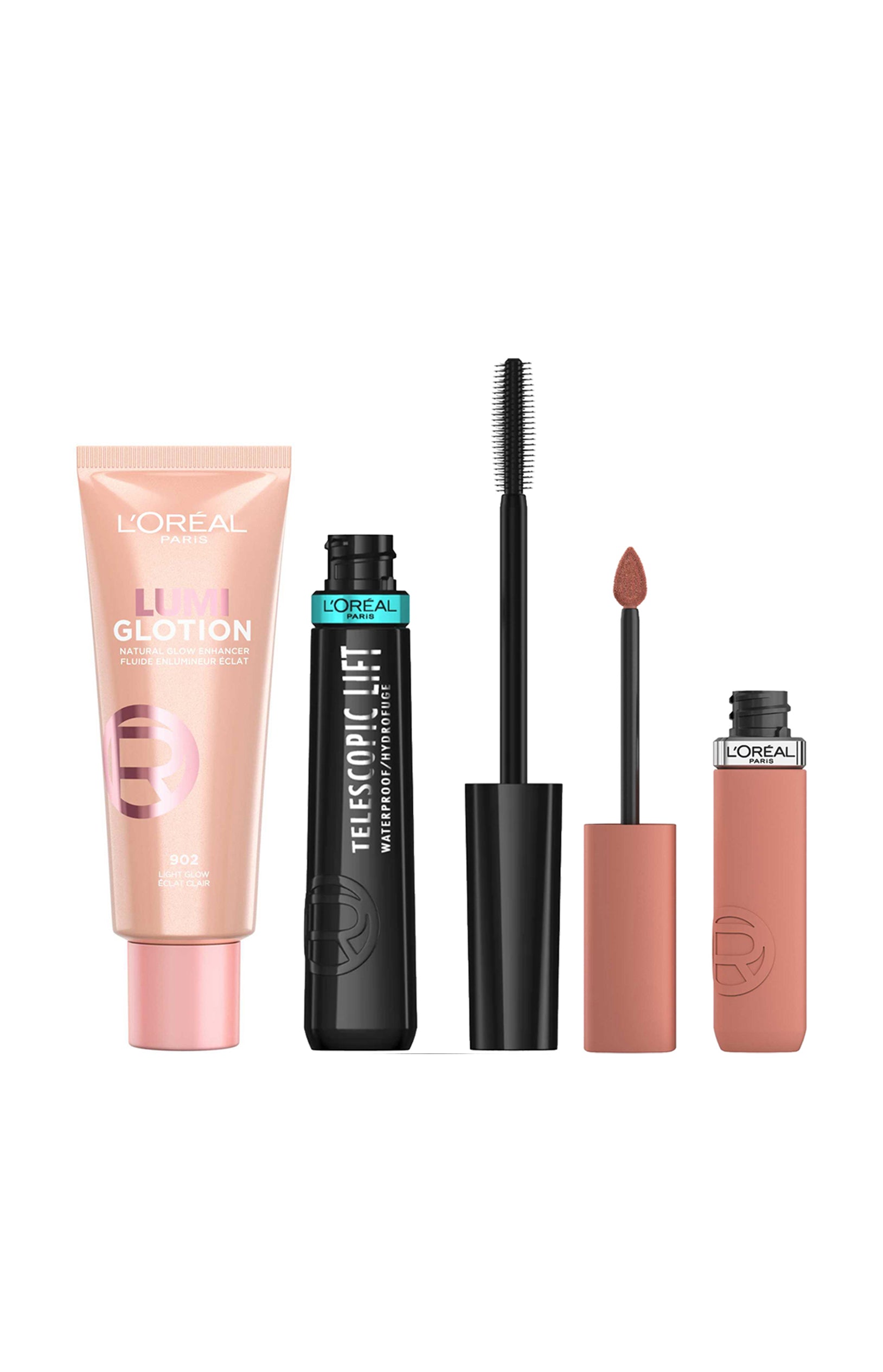 Mascara waterproof, highlighter & rouge à lèvres liquide - Black, 902 Light Glow & 601 Worth It