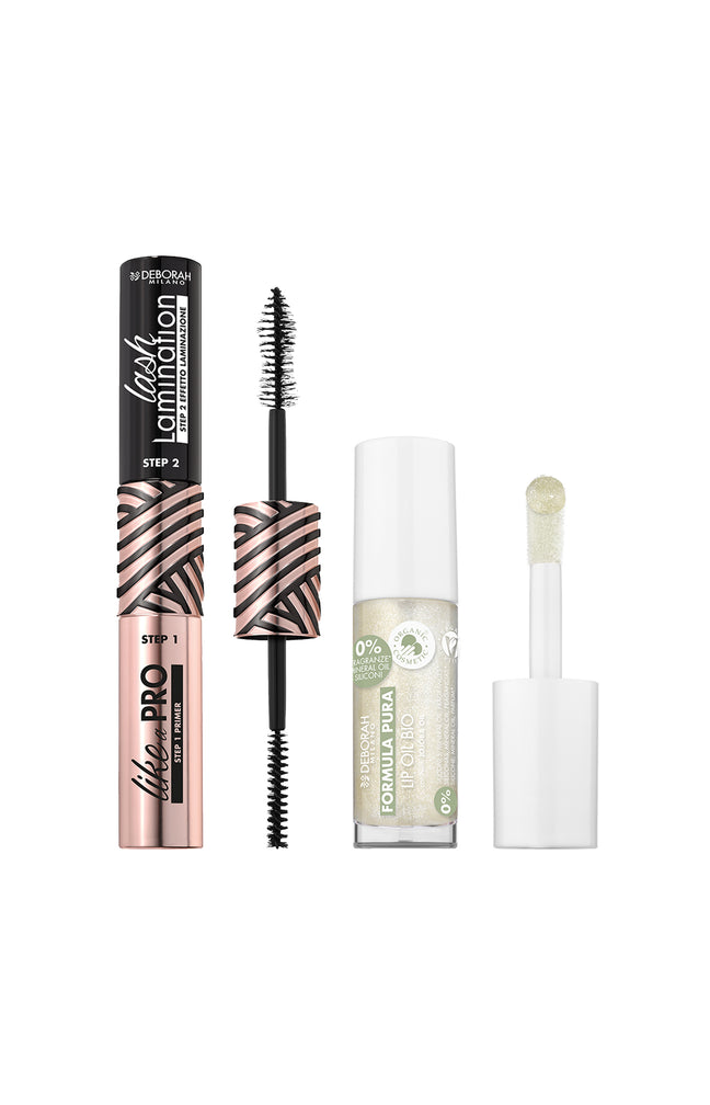 Mascara duo 2-en-1 & huile à lèvres bio - Noir & 01