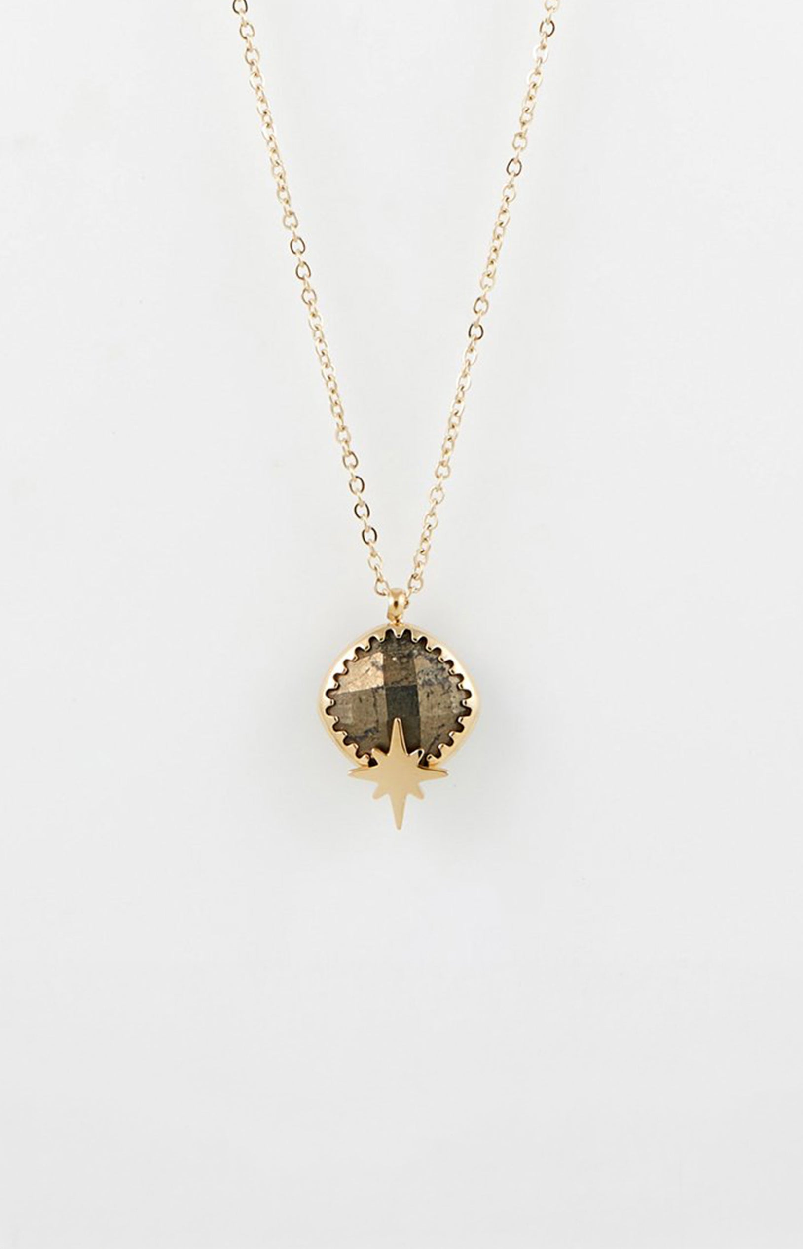 Collier pendentif - Acier inoxydable & pyrite - Doré