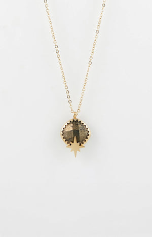 Collier pendentif - Acier inoxydable & pyrite - Doré