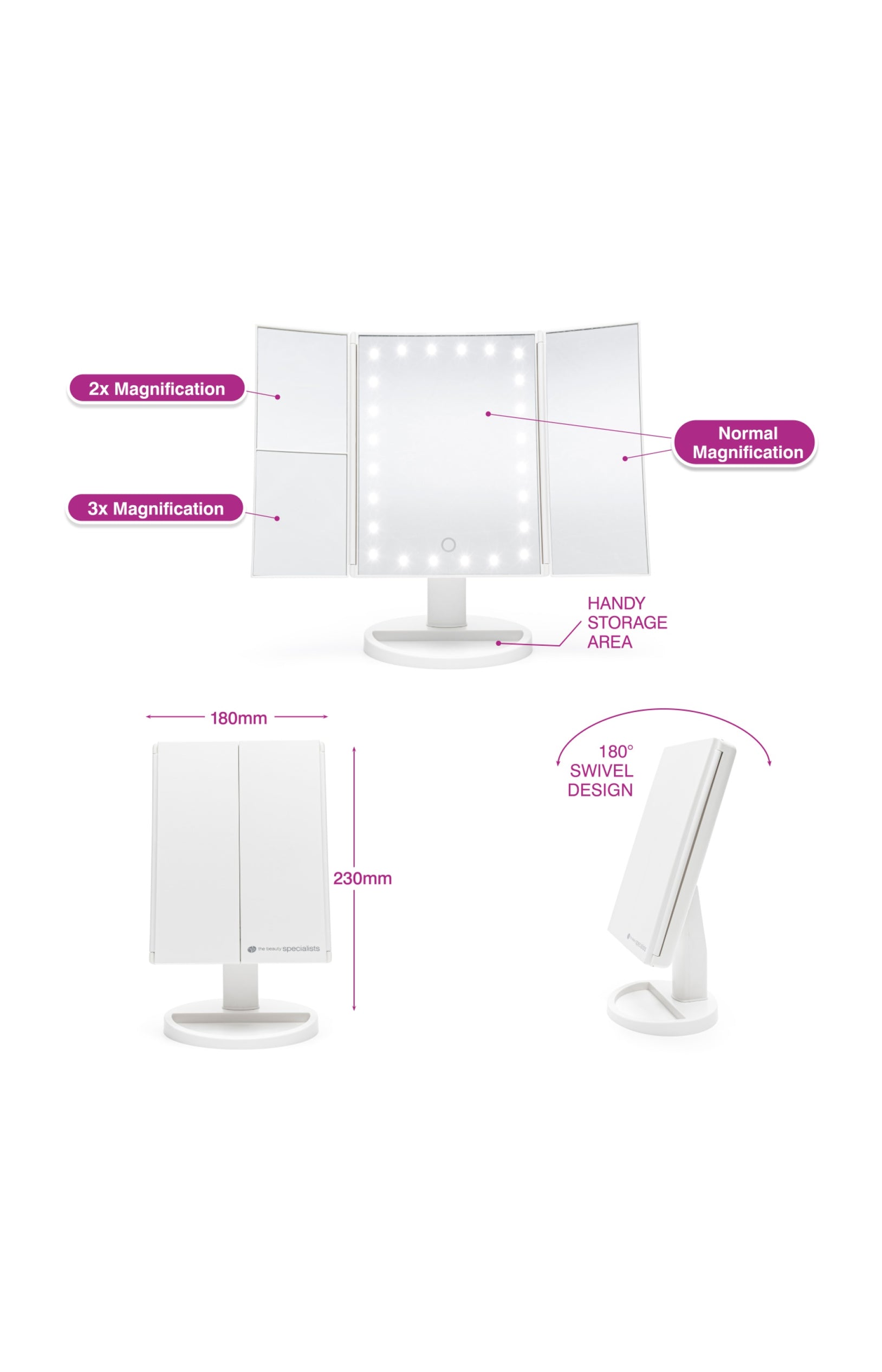 Miroir maquillage pliable LED - Blanc