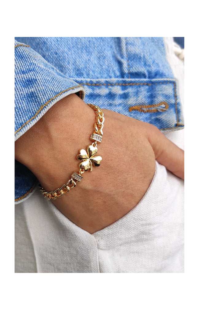 Bracelet trèfle - Laiton plaqué or & zircon