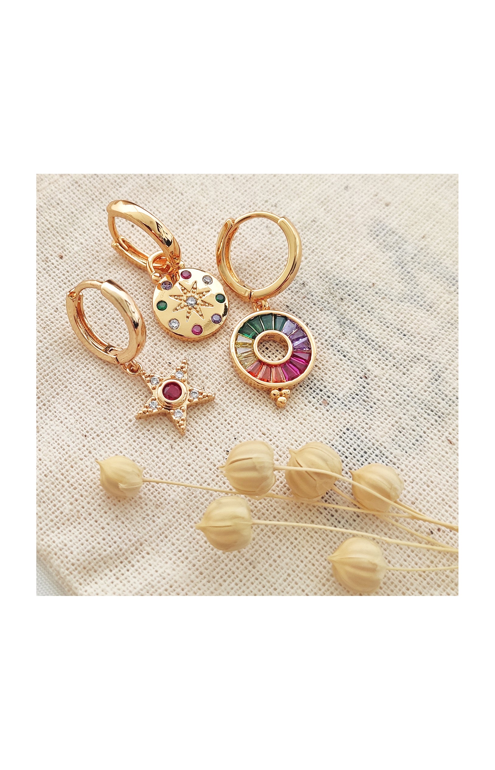 Trio de boucles d’oreilles pendantes - Laiton plaqué or & zircons colorés