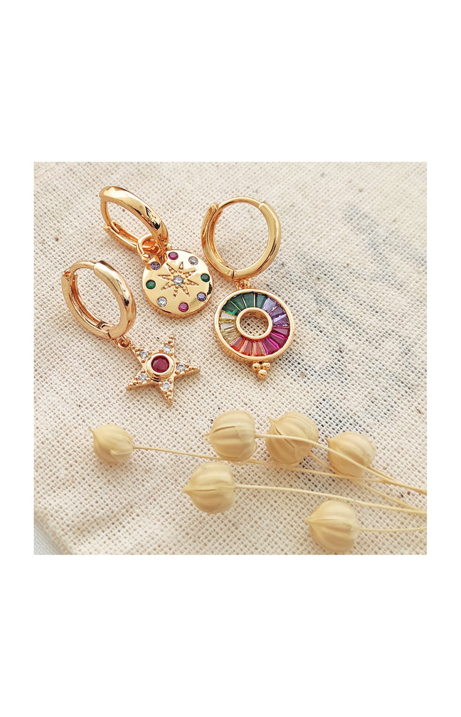 Trio de boucles d’oreilles pendantes - Laiton plaqué or & zircons colorés