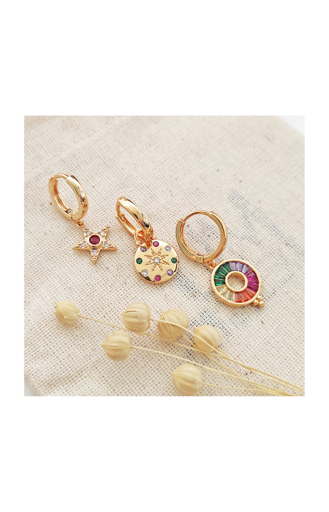 Trio de boucles d’oreilles pendantes - Laiton plaqué or & zircons colorés
