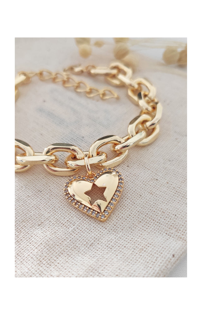 Bracelet cœur & étoile - Laiton plaqué or & zircon