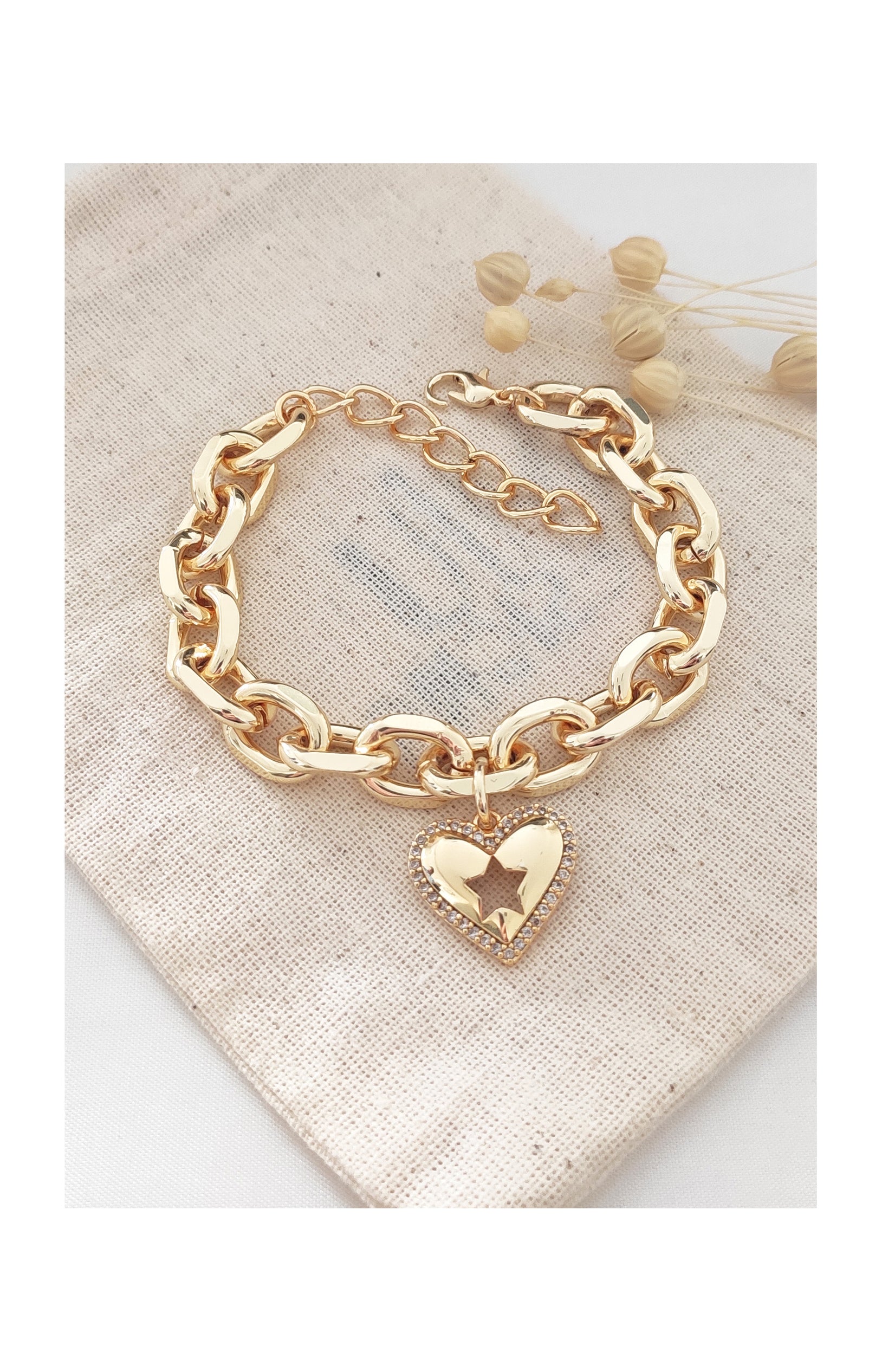 Bracelet cœur & étoile - Laiton plaqué or & zircon