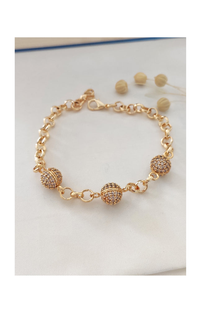 Bracelet chaîne - Laiton plaqué or & boules zircon
