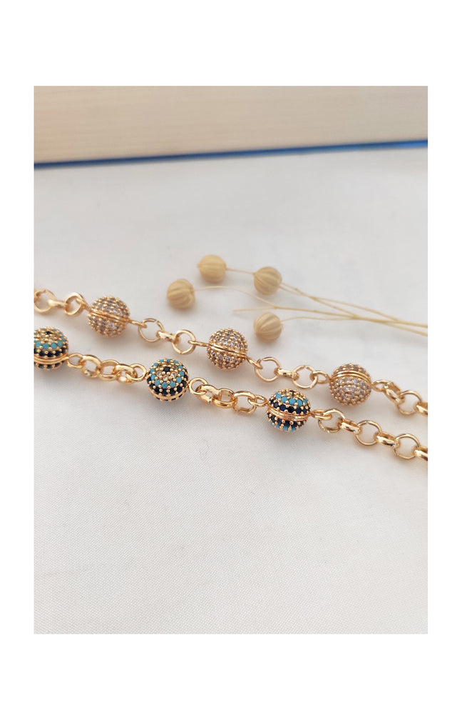 Bracelet chaîne - Laiton plaqué or & boules zircon