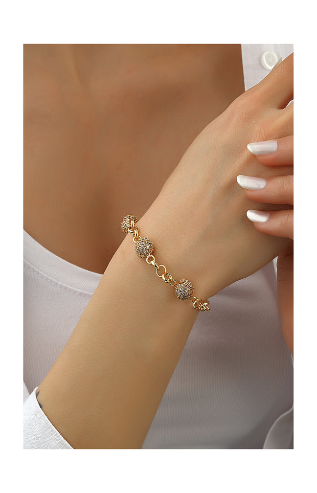 Bracelet chaîne - Laiton plaqué or & boules zircon