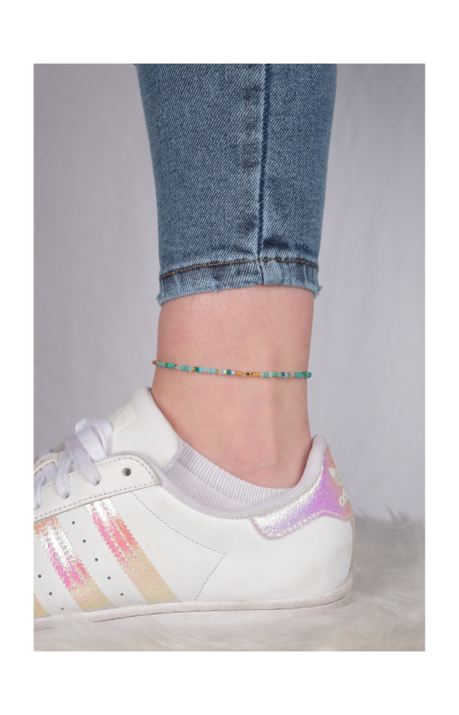 Bracelet de cheville turquoise - Laiton doré & perles cristal