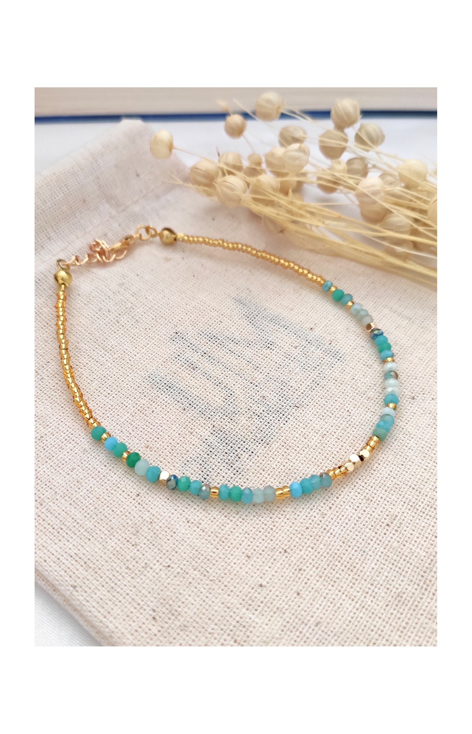 Bracelet de cheville turquoise - Laiton doré & perles cristal