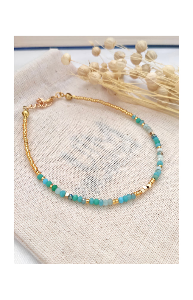 Bracelet de cheville turquoise - Laiton doré & perles cristal