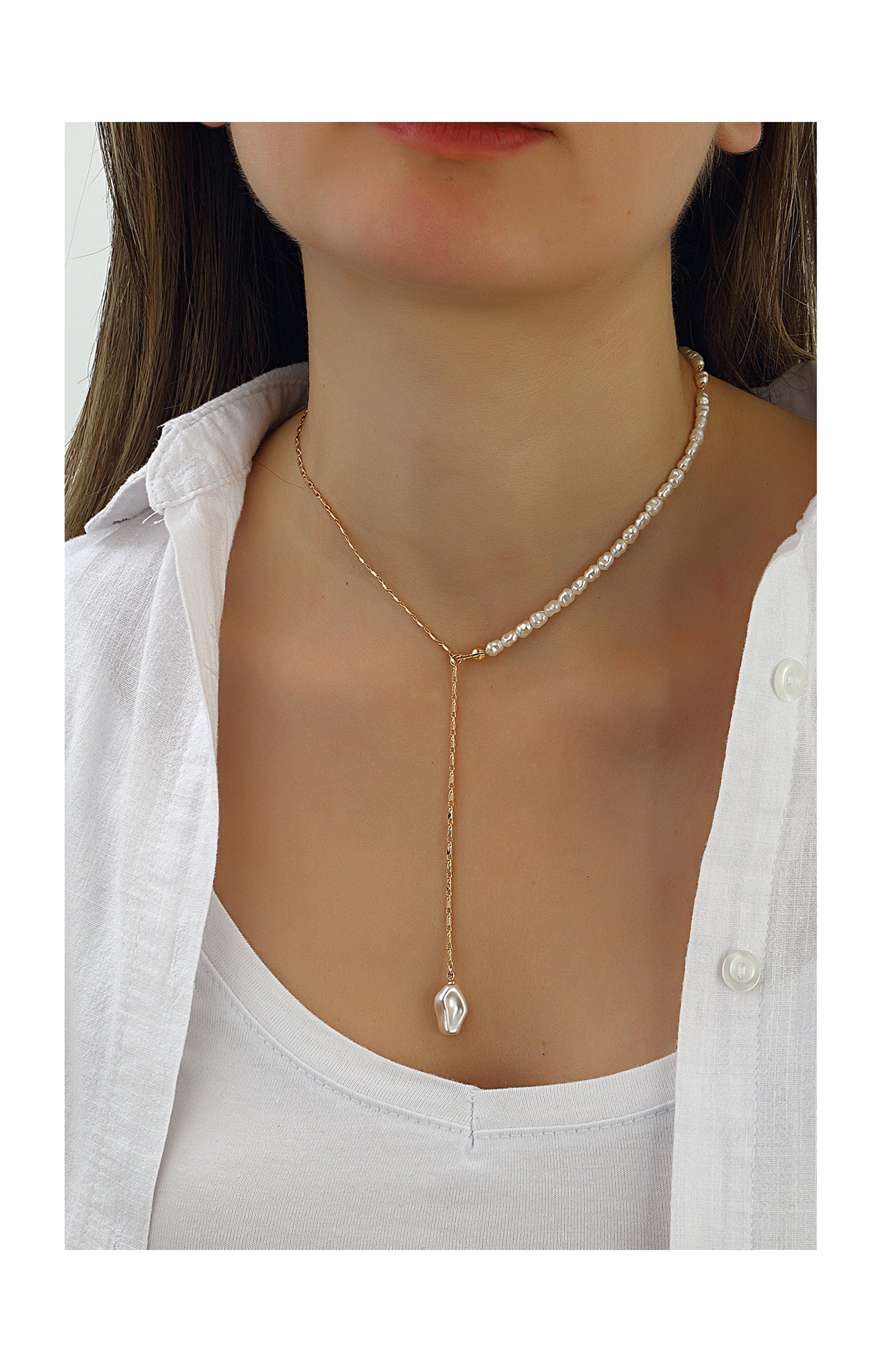 Collier asymétrique perles & chaîne - Laiton plaqué or