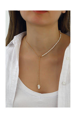 Collier asymétrique perles & chaîne - Laiton plaqué or