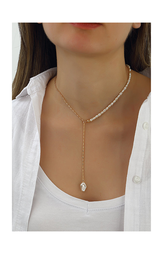 Collier asymétrique perles & chaîne - Laiton plaqué or