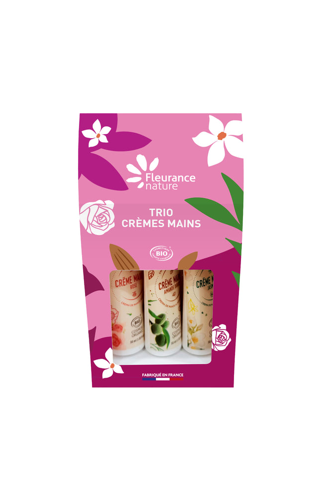Trio crèmes mains bio - Amande douce, rose & jasmin - 3 x 30 ml