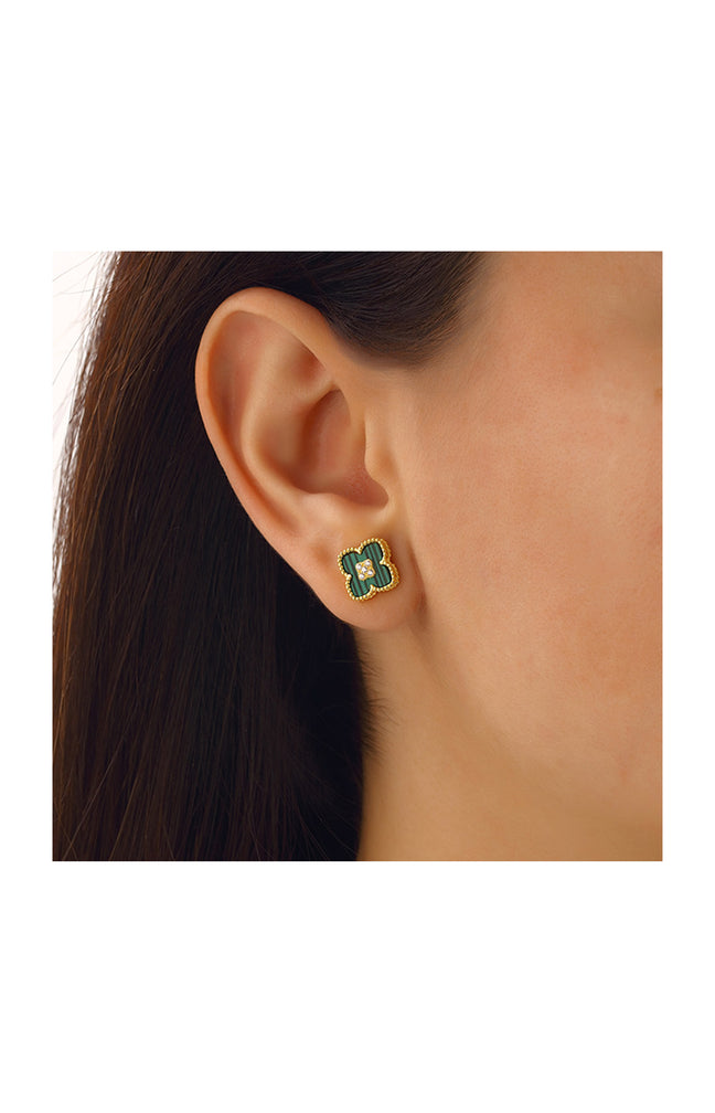 Boucles d’oreilles trèfle doré - Nacre verte & zircon