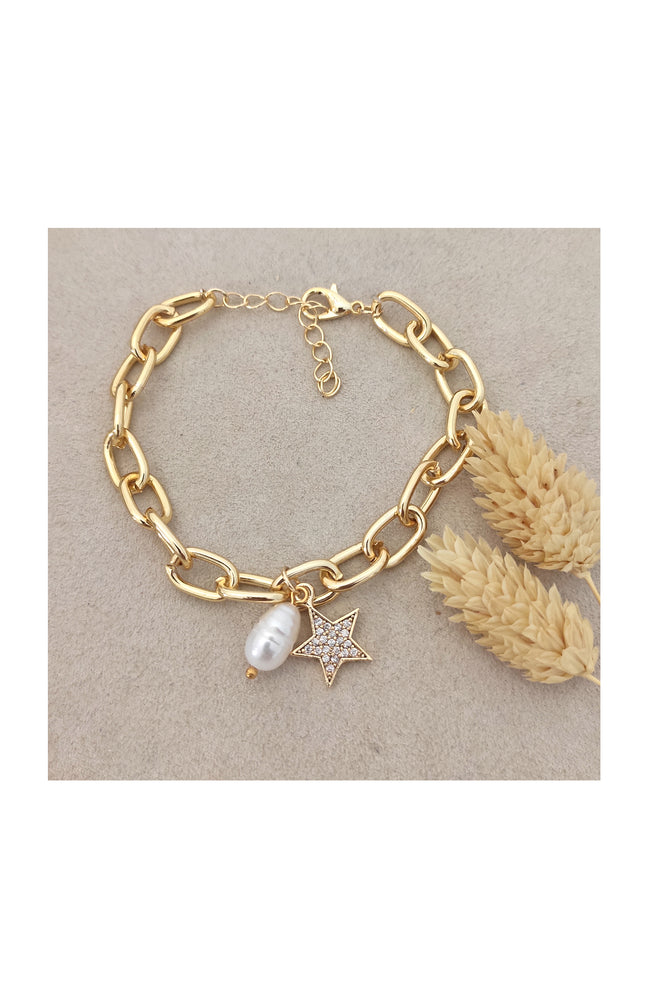 Bracelet - Laiton plaqué or, perles synthétiques & zirconiums