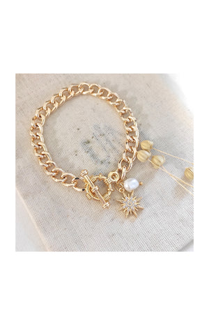 Bracelet - Laiton plaqué or, perles synthétiques & zirconiums