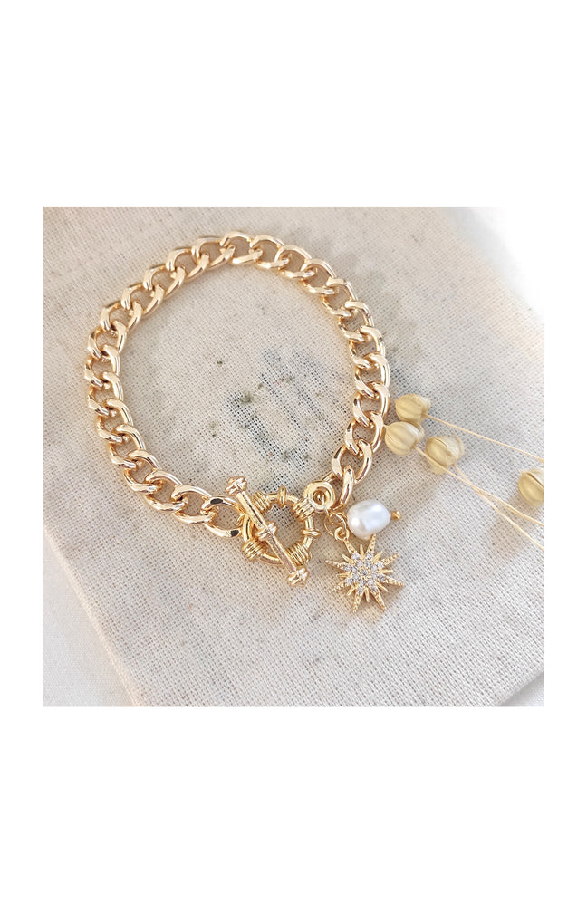 Bracelet - Laiton plaqué or, perles synthétiques & zirconiums