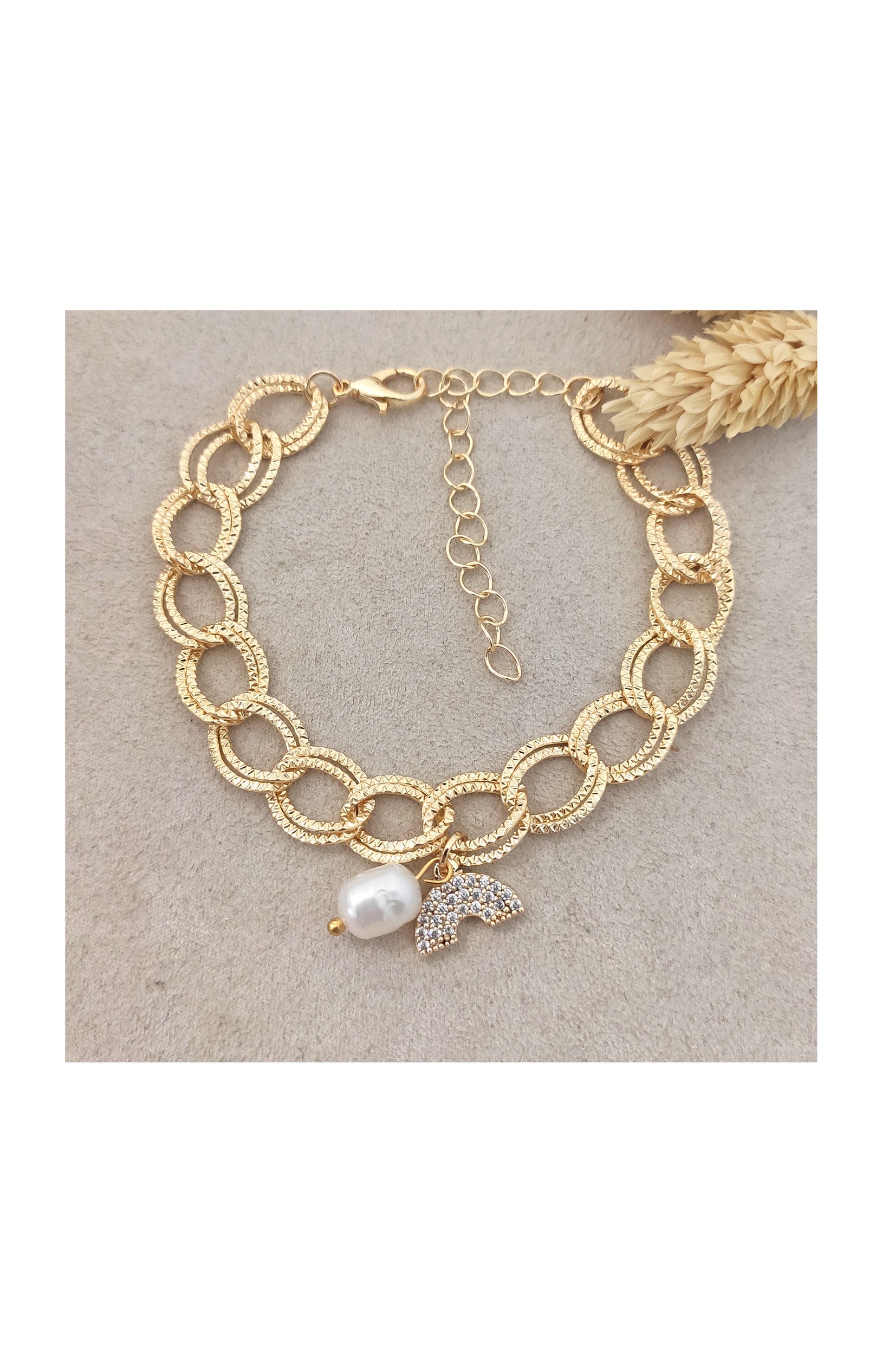 Bracelet - Laiton plaqué or, perles synthétiques & zirconiums