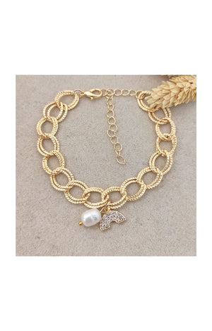 Bracelet - Laiton plaqué or, perles synthétiques & zirconiums