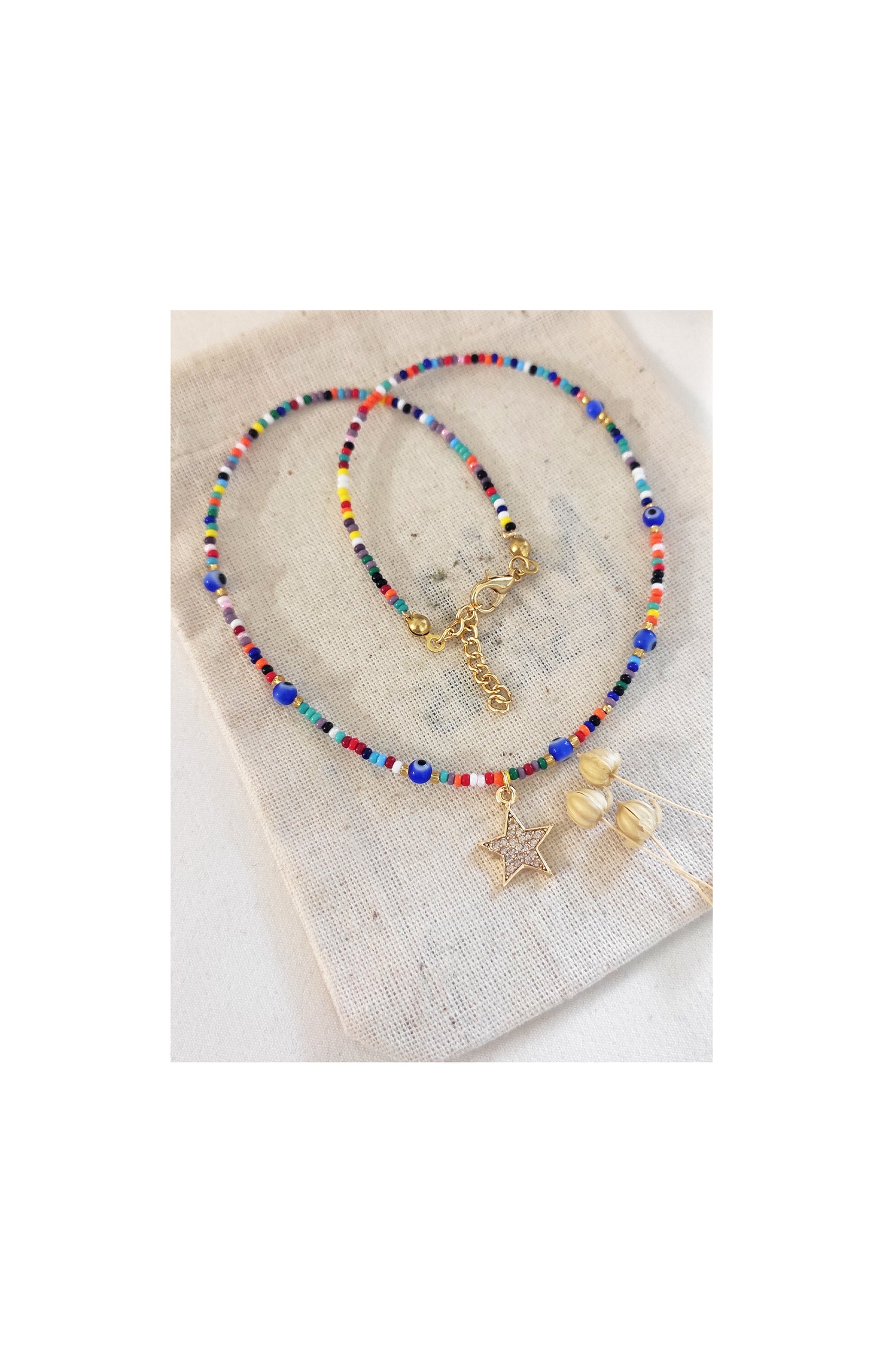 Collier pendentif étoile - Laiton plaqué or, zirconiums & perles Miyuki