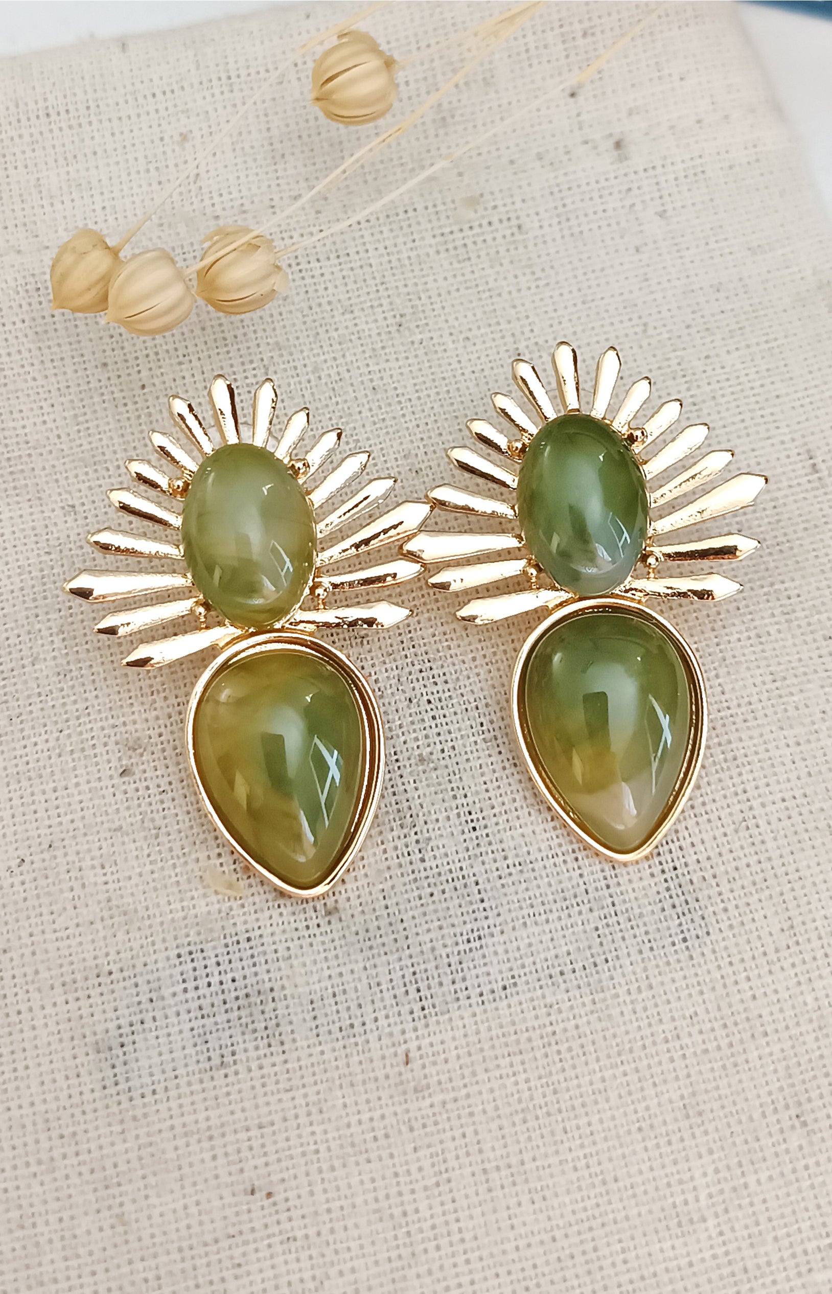Boucles d'oreilles soleil - Laiton plaqué or - Vert
