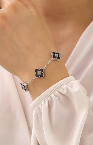 Bracelet argenté avec trèfles - Zircon & nacre - Noir