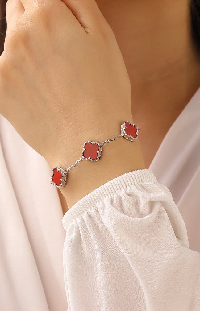 Bracelet argenté avec trèfles - Zircon & nacre - Rouge