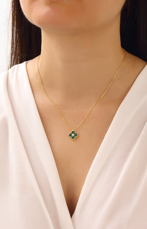 Collier doré avec pendentif trèfle - Zircon & nacre - Vert