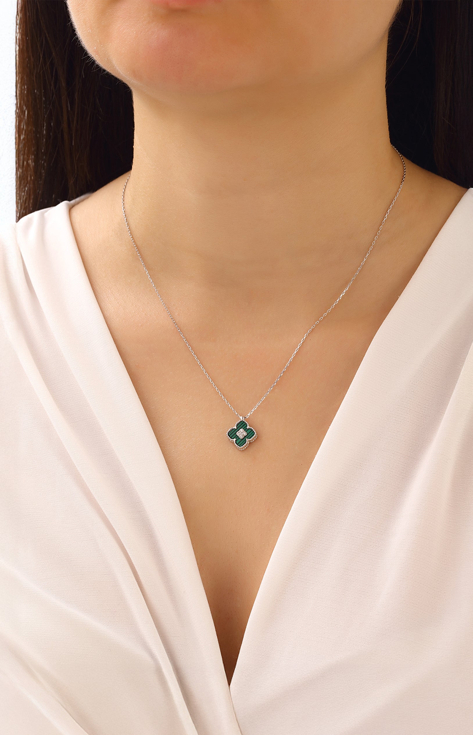 Collier argenté - Zircon & nacre - Vert
