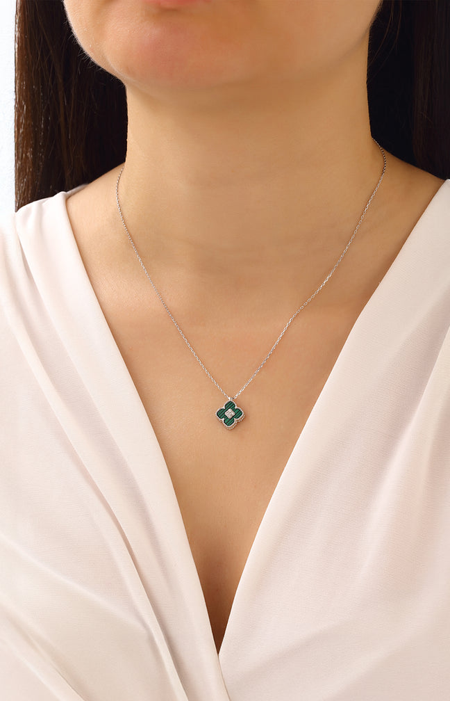 Collier argenté - Zircon & nacre - Vert