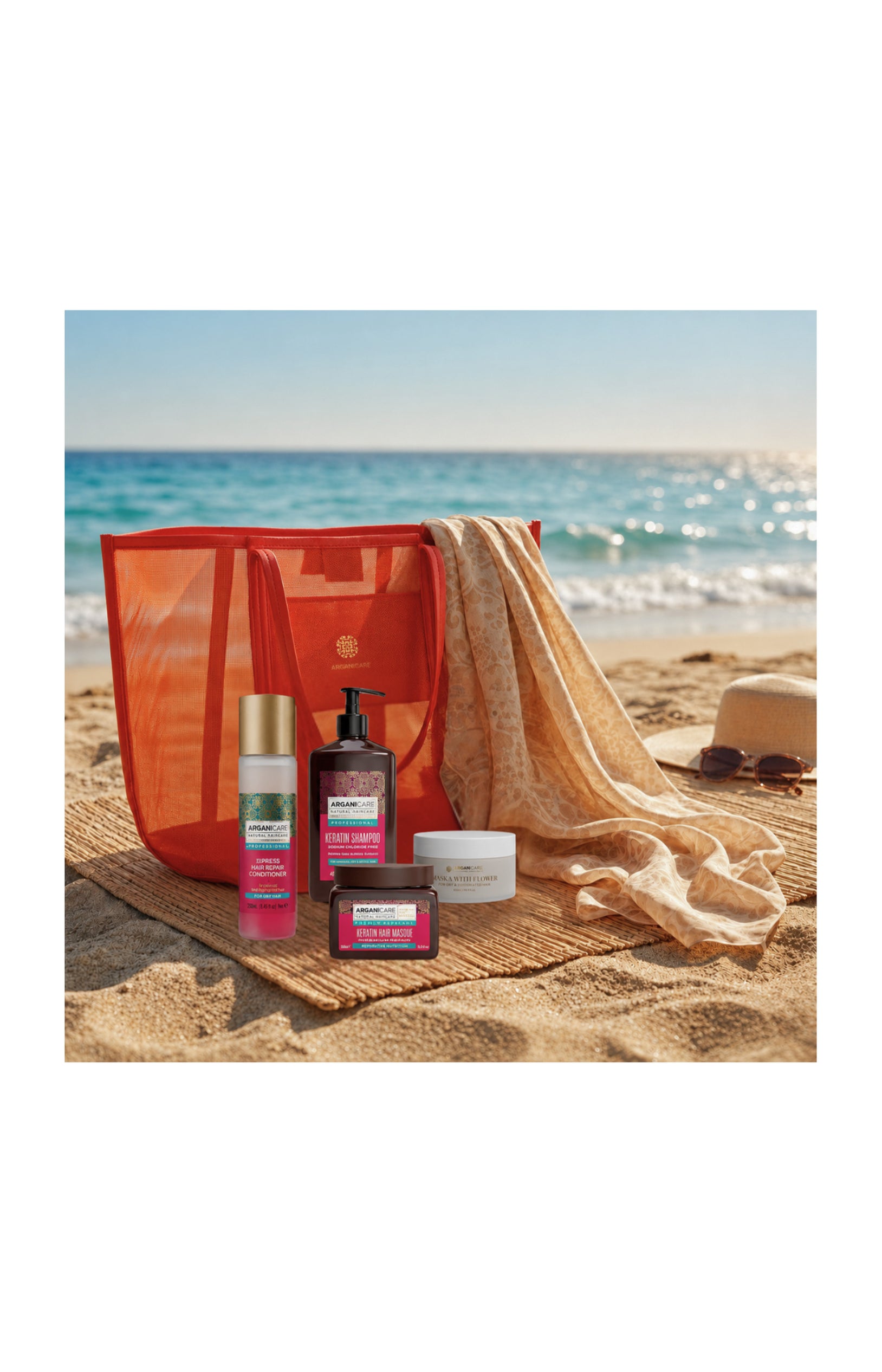 Sac de plage Summer Glow Kératine – Soin réparateur & entretien du lissage – 6 produits