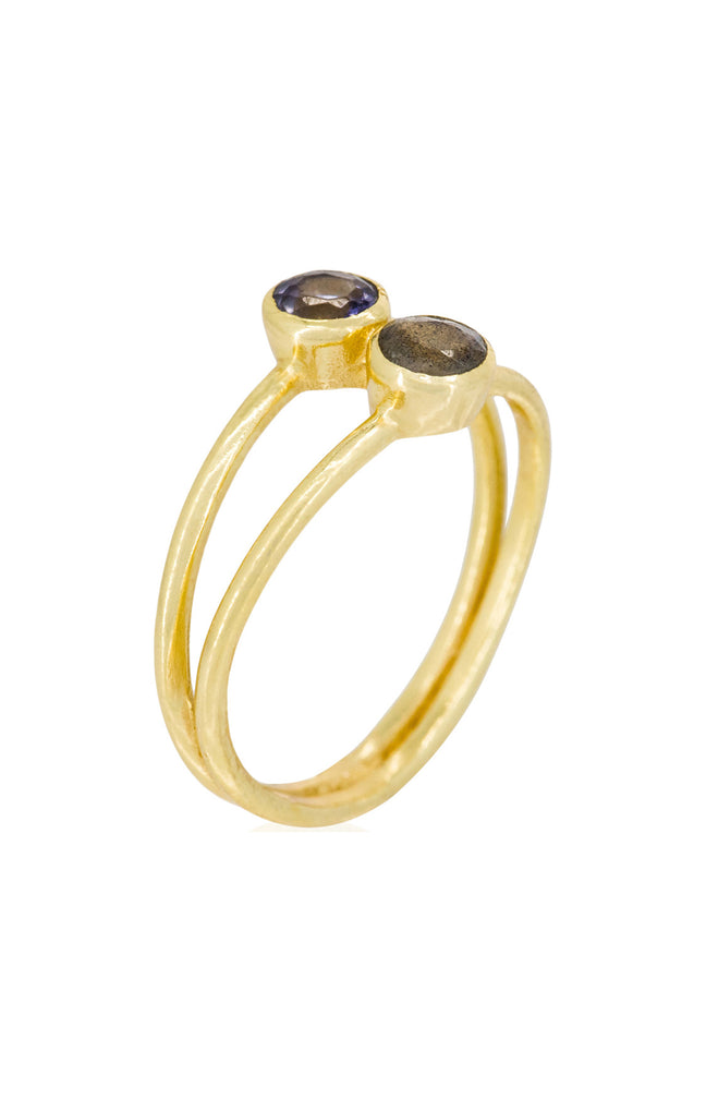 Bague Adela - Laiton doré, labradorite & iolite