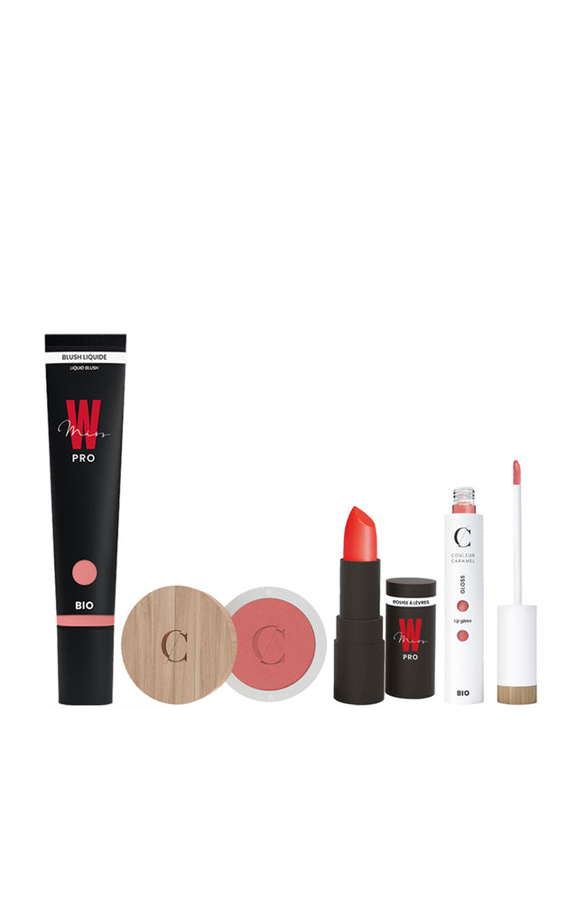 Routine maquillage corail - Teint, yeux & lèvres - 4 produits