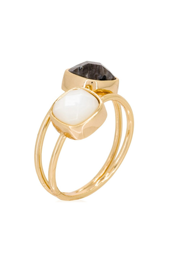 Bague Jovanni - Laiton doré, labradorite & nacre